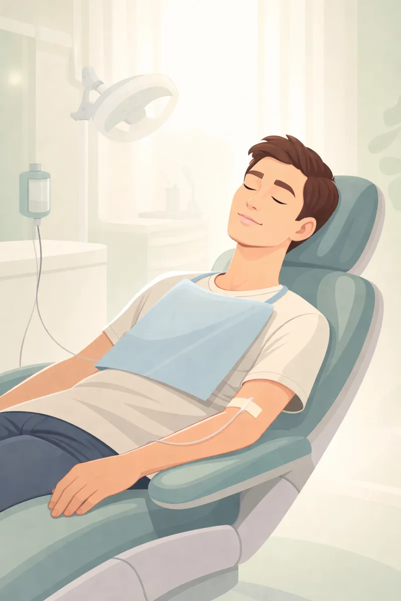 Illustration: a man resting in a reclined dental chair with an IV line in his arm