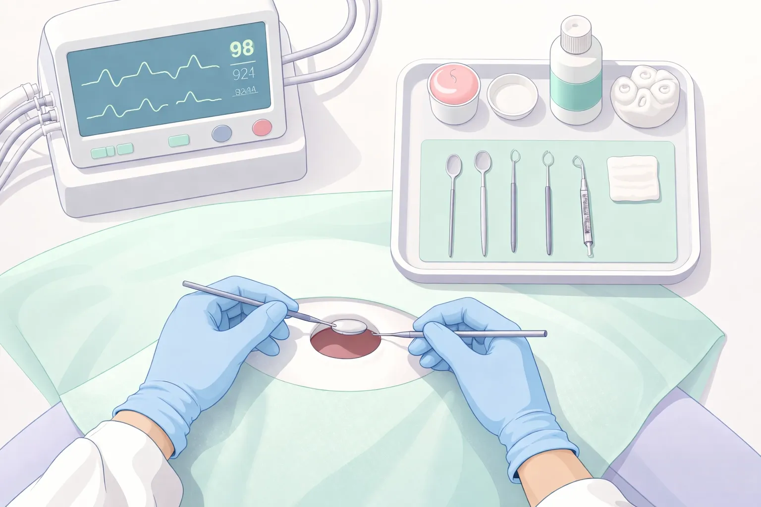 Overhead view of dental procedure setup for bone grafting with instruments and vital sign monitor