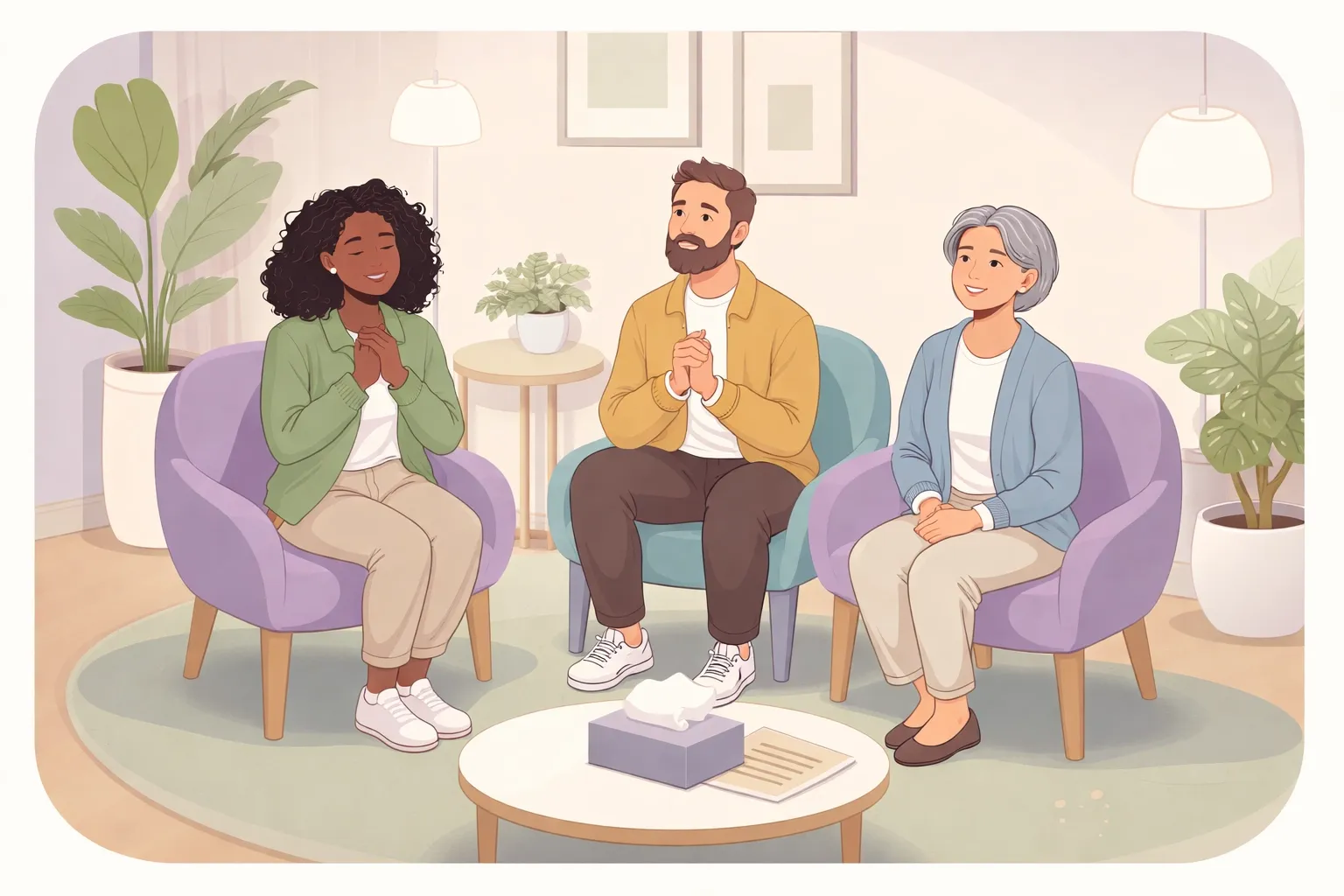 Diverse group of patients in dental waiting room showing relief and hope for IV sedation treatment