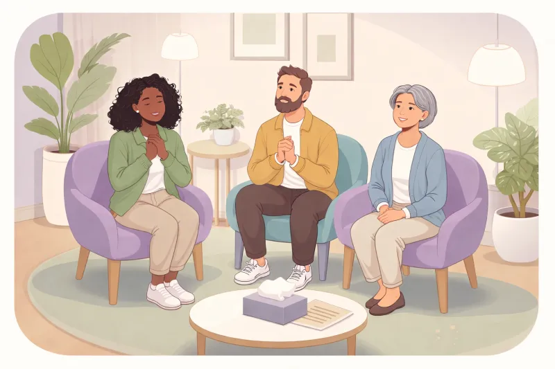 Illustration: three people talking in a waiting room