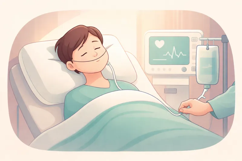 Illustration: a person resting under a blanket beside a vital-signs monitor