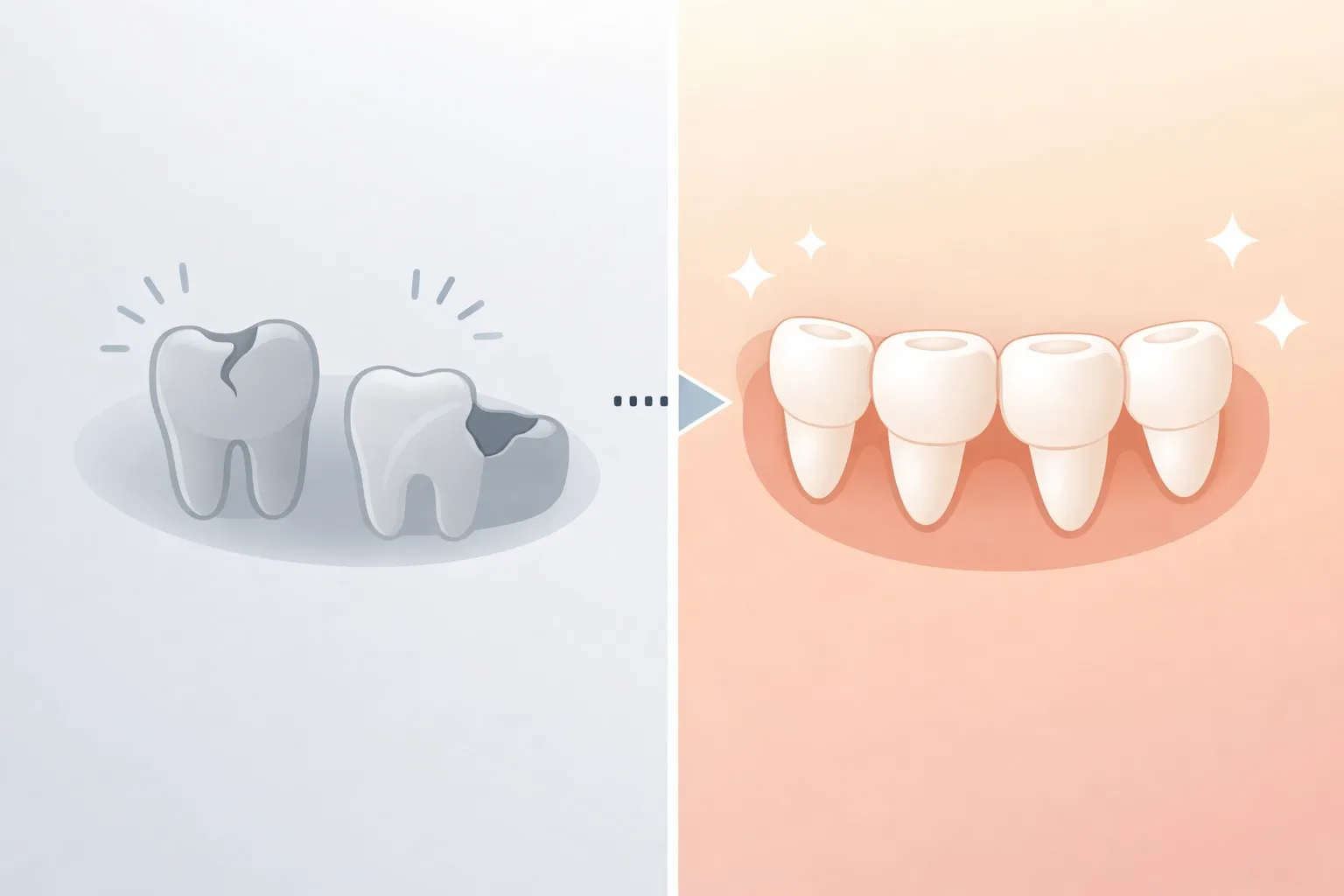 Minimal before-and-after of missing teeth transformed by a dental bridge, highlighting fewer-visit smile restoration