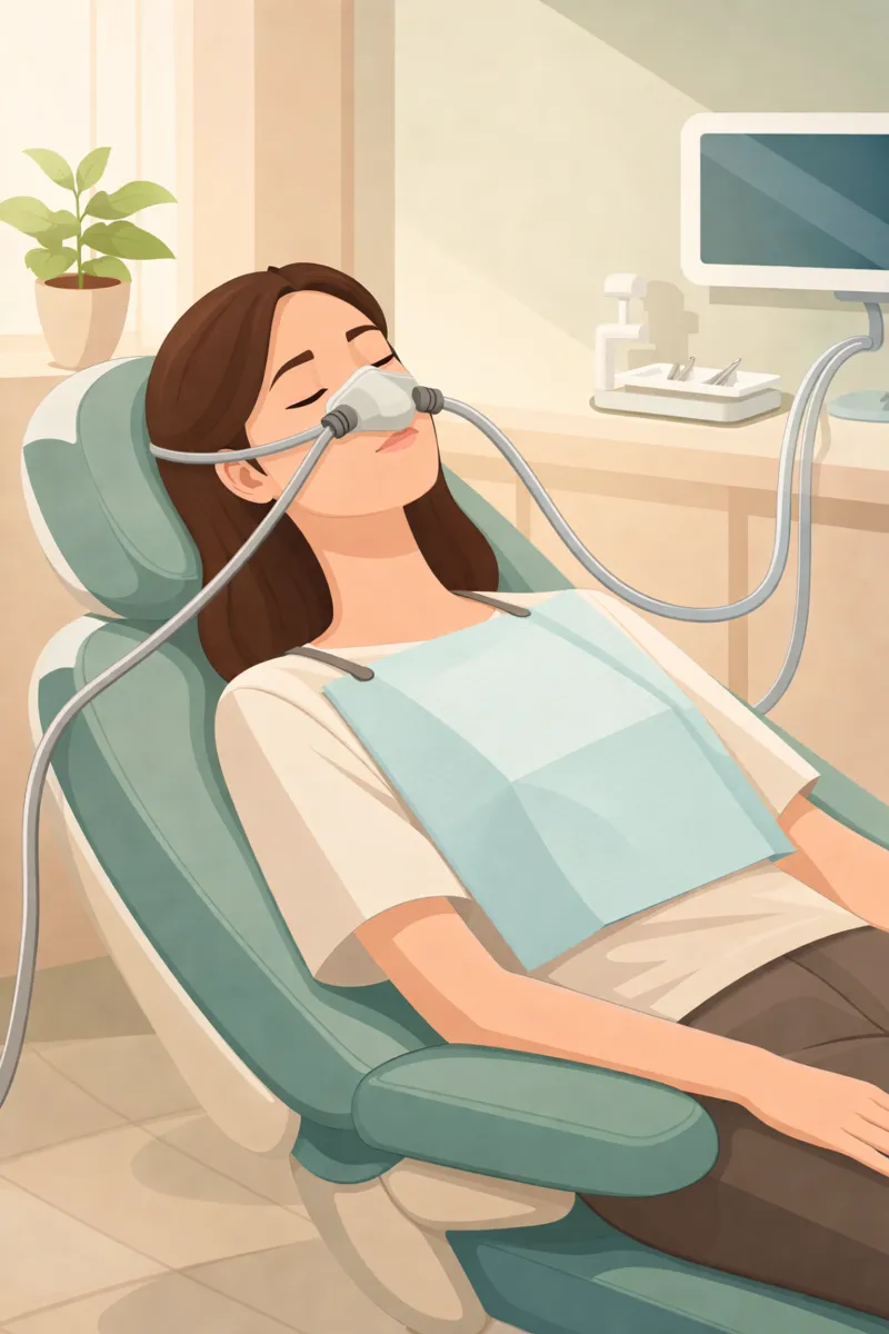 Illustration: a woman reclining in a dental chair with a nitrous oxide mask