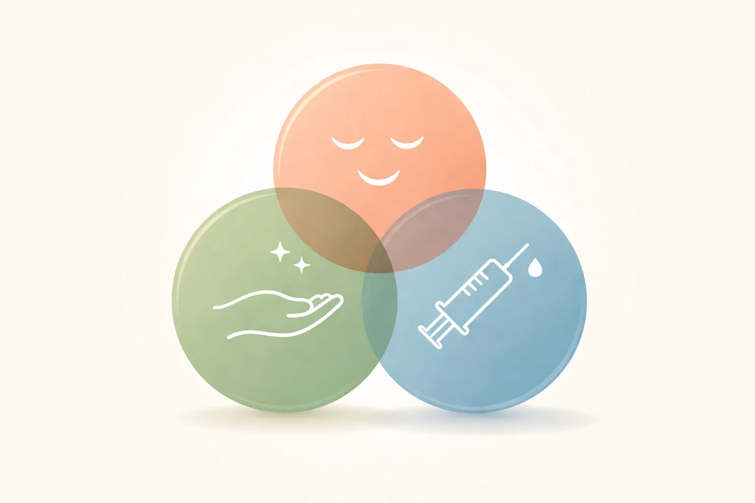 Modern graphic of three comfort layers: calm face, caring hand, syringe: explaining dental sedation and pain relief