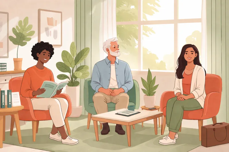 Illustration: three people relaxing in a bright waiting room