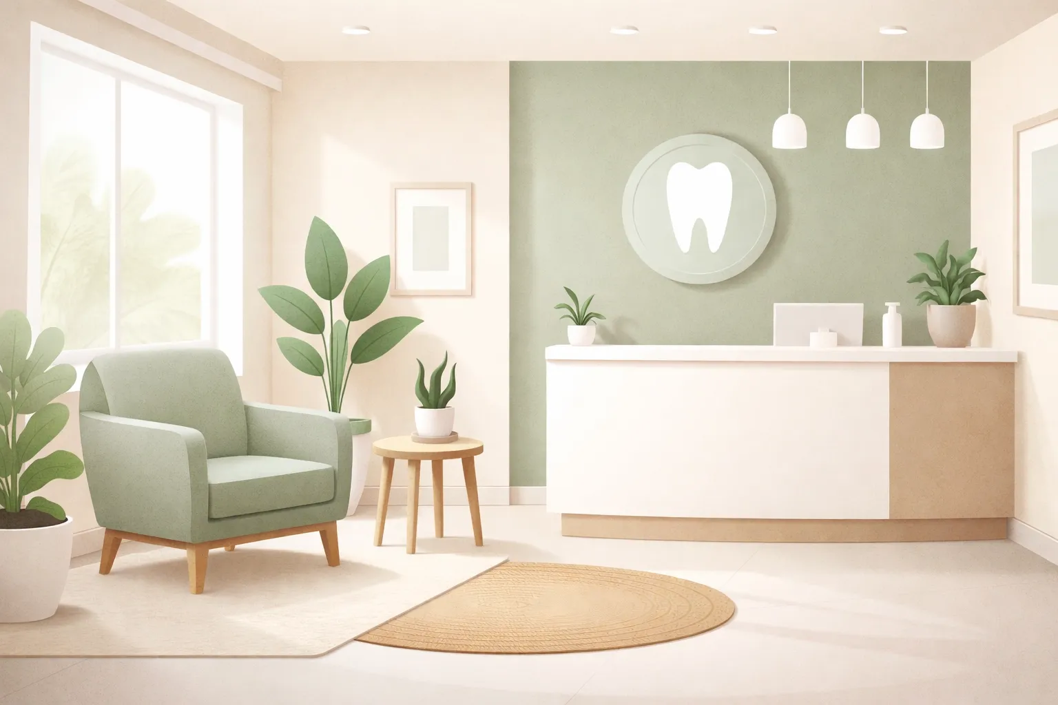 A welcoming dental office waiting room built for anxious patients, featuring comfortable seating and calming decor.