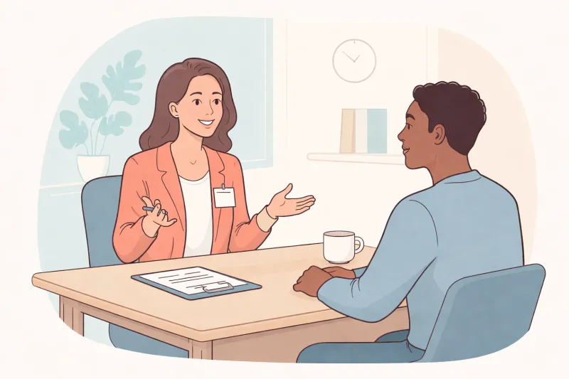 Illustration: a woman explaining a document to a man across a desk