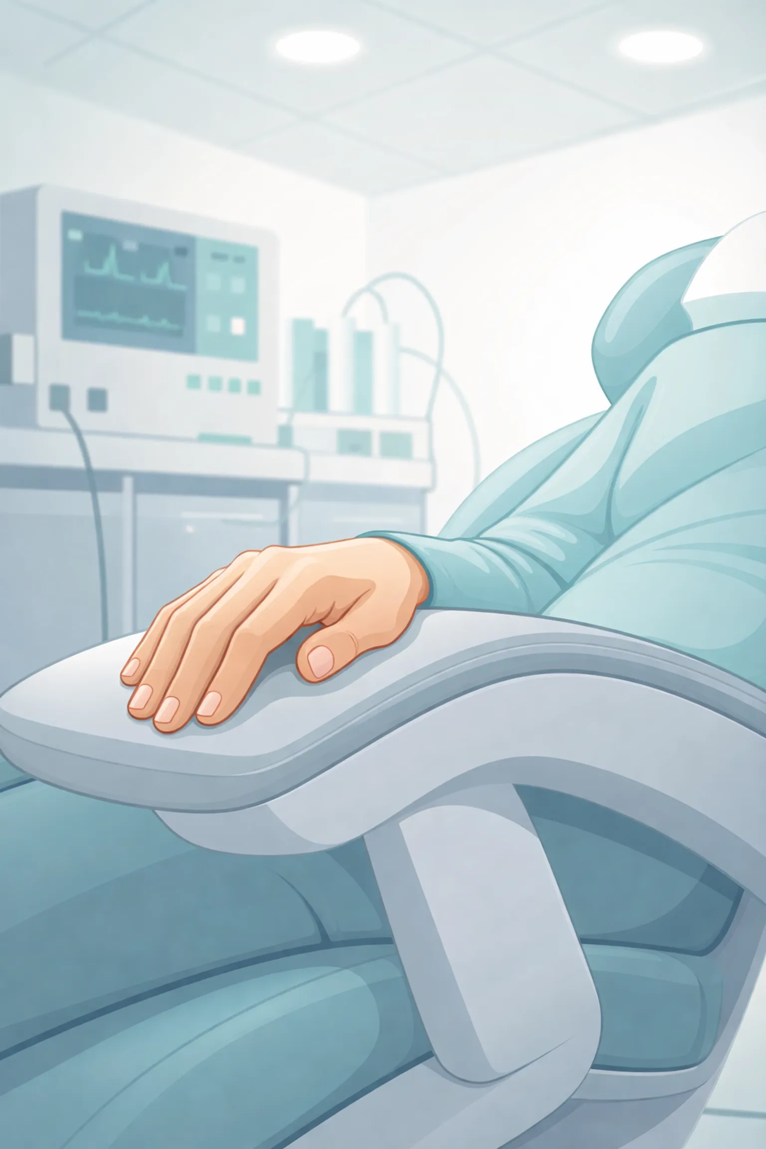 Close-up of a patient’s hand on a dental chair armrest, illustrating safety during IV sedation dentistry.