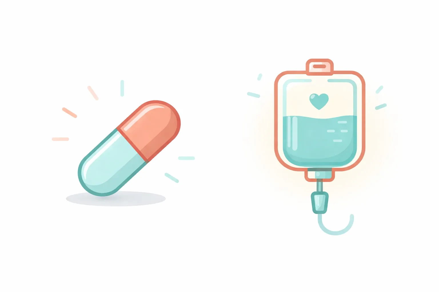 Oral sedation pill and IV drip icons side by side, showing choices for sedation dentistry to manage dental anxiety.