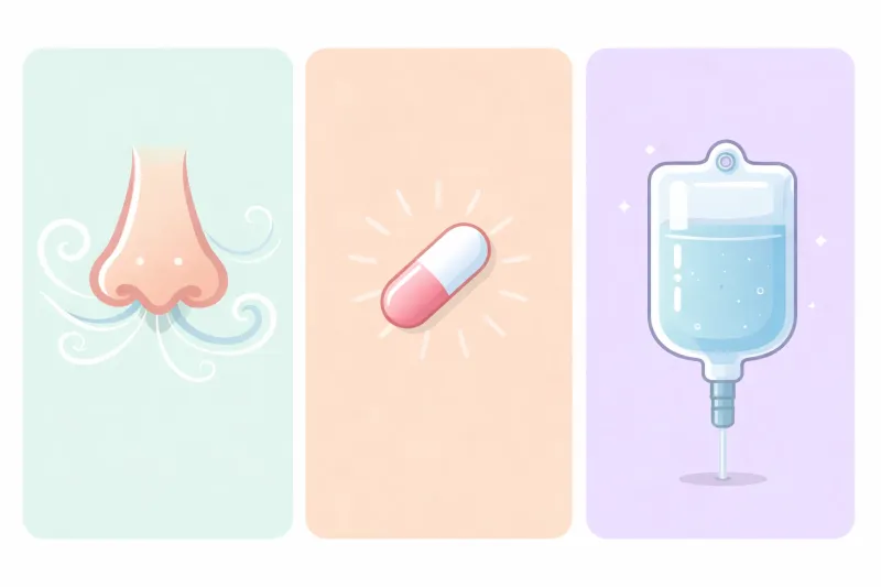 Illustration: a nose, a pill and an IV bag on three coloured panels