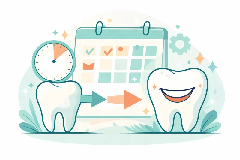 Illustration: a calendar, a clock and two teeth, the second one smiling