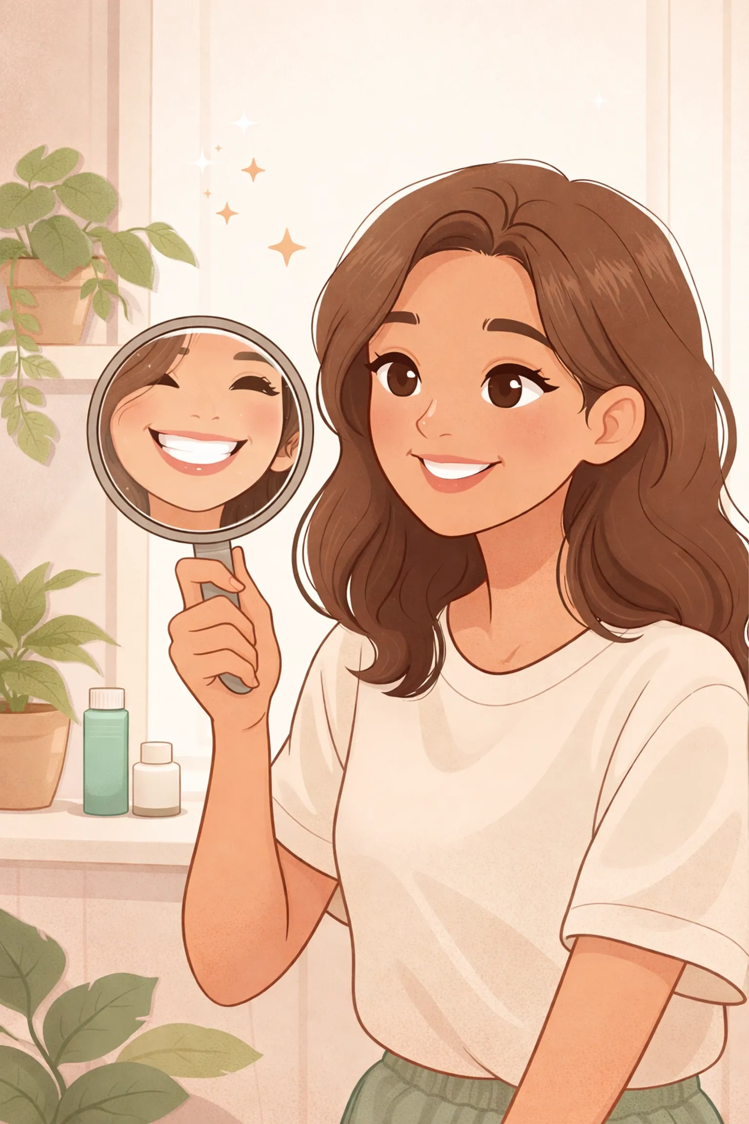 Person admiring a confident, healthy smile in the mirror, showing boosted self-esteem from sedation dental care.