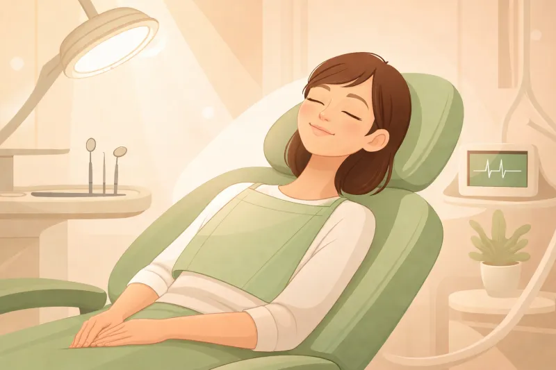 Illustration: a woman resting with her eyes closed in a reclined dental chair
