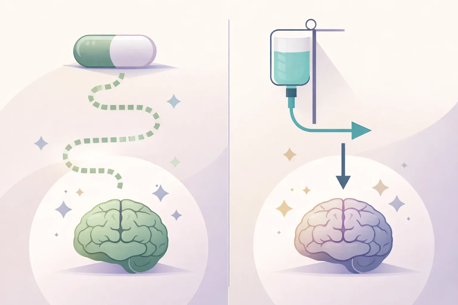 Comparison of IV sedation and oral sedation for dental procedures showing direct and indirect medication paths
