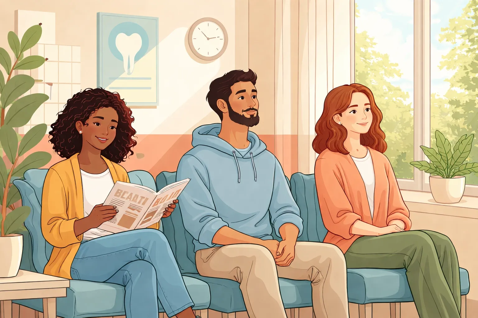 Diverse patients relaxing in a dental waiting room, highlighting comfort and IV sedation benefits at the dentist